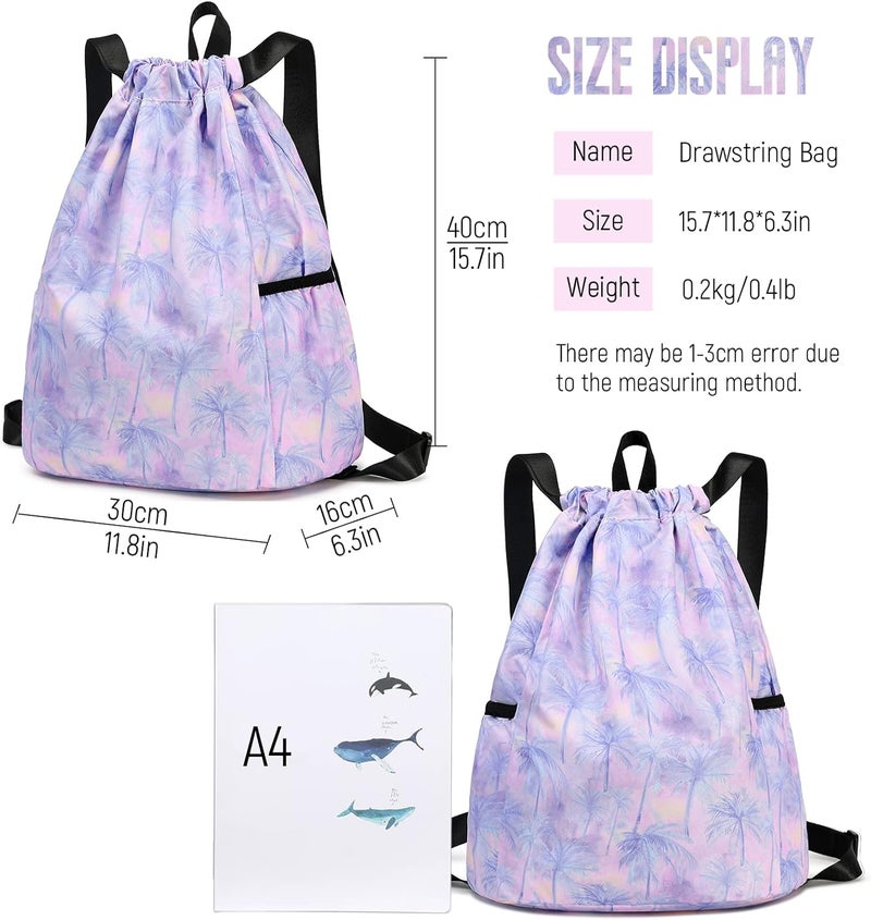 Ryushoyo Store Gym Bag for Girls, Drawstring Sports Bag Lgihtweight Large Travel Coconut Tree Purple Clinch bag - Image 2